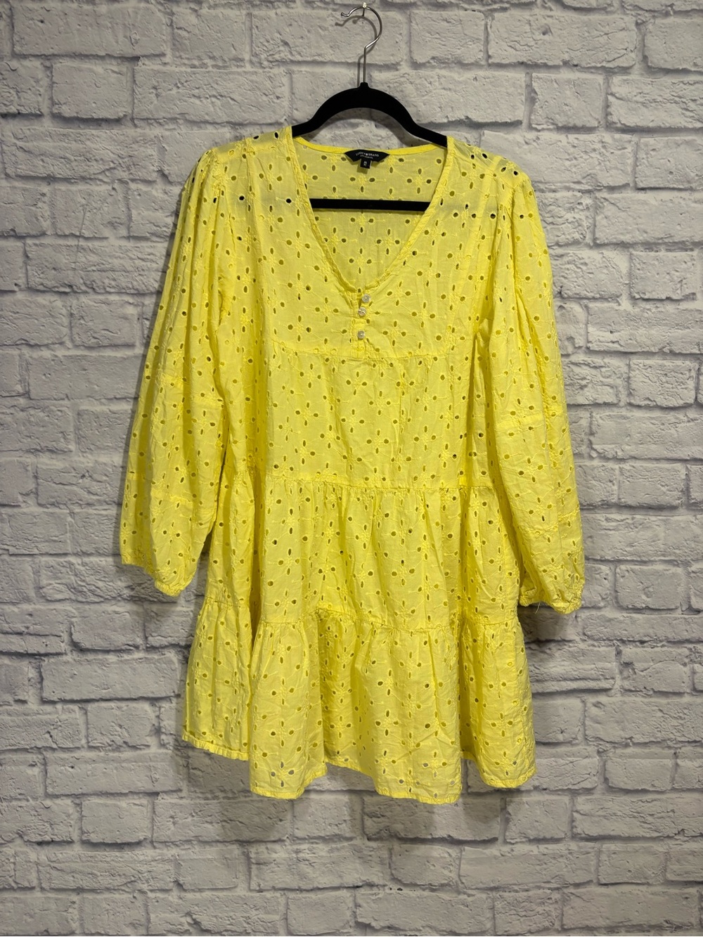 Lucky Brand Sunshine Yellow Eyelet V-Neck Tiered Mini Dress Medium